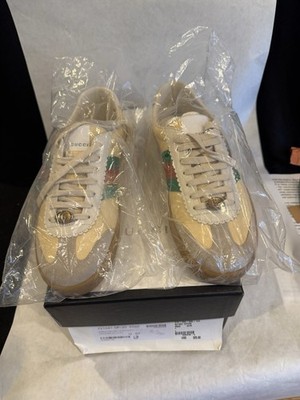 New Authentic Gucci Web Beige Leather Lace Up Sneakers Suede 521681 0PV20 9569