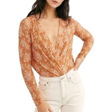 Free People Turnt Bodysuit Rust Orange Floral Long Sleeve Deep V-Neck- XS
