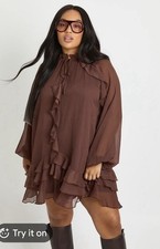 Boohoo Chocolate Brown Chiffon Mix Panelled Dress Tiered Ruffle Hem Size 10 NWT