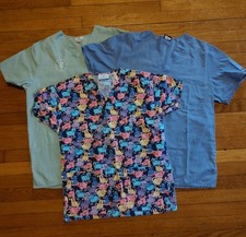 3 Scrub Tops- Light blue, Sage, Multicolor Animal Print Size S/M