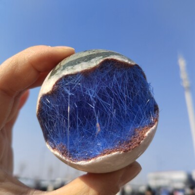 Blue Needle Ironstone Carved Sphere Open Mouth Crystal Ball Reiki Healing 1pc