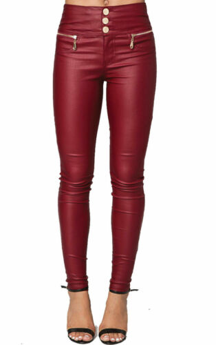 New Women’s Ladies Sexy Trousers Leather Look Slim Fit Skinny 3 Button ...