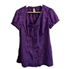 Studio 1940 Purple M Blouse Cap Sleeve Button Down Brokade Satin Romantic Tie