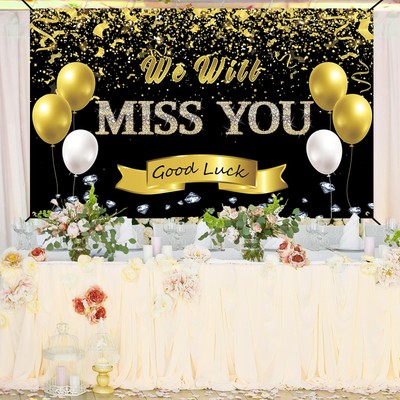 Good Luck We Will Miss You Banner - Gold Glitter Retirement Graduation Farewell Party Decor