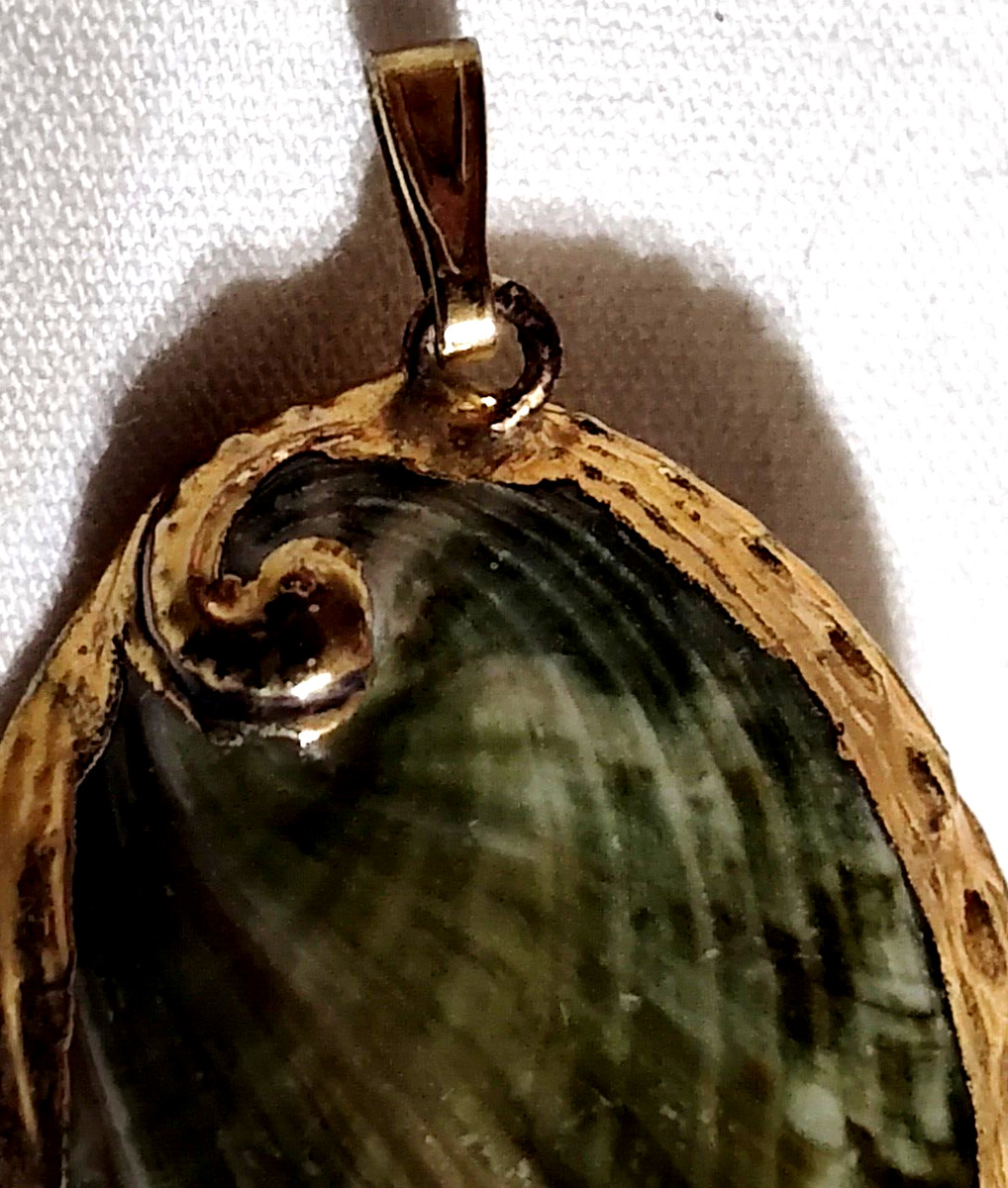 Natural Abalone Shell Long Oval Pendant for Necklace Gold Gilt Edge 2.5" w Bale View 2