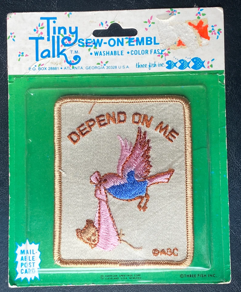 Vintage Embroidered Patch AGC Stork carrying Baby Patch "Depend On Me" - NOS - Image 2 of 4