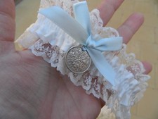 WEDDING GARTER WHITE SATIN - GENUINE SIXPENCE COIN -FREE POUCH