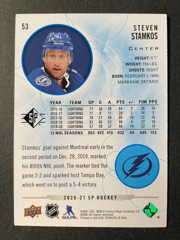 Steven STAMKOS 2020-21 UD SP Authentic Blue #53 Tampa Bay Lightning - Image 2 of 2