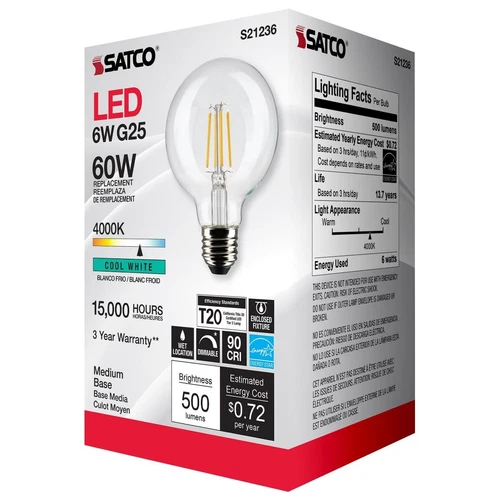 SATCO S21236 - 6 Watt G25 LED Globe Light Bulb - 4000K - 120 Volts (6 Pack) - Picture 6 of 7