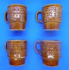 VTG SET OF 4 BROWN STACKABLE CERAMIC COFFEE MUGS CUPS MADE IN JAPAN