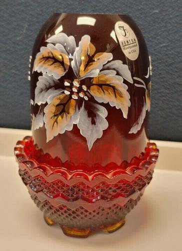 FENTON CRANBERRY RED GLASS CANDLE FAIRY LAMP VOTIVE HAND PAINTED FLOWERS SIGNED