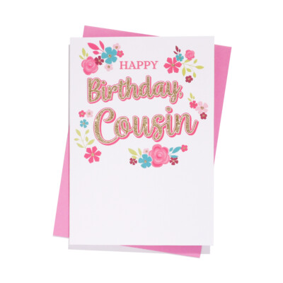 Geburtstagskarte Cousin. Happy Birthday Cousin. Glitzer Blumen Karte. Mehrfachkauf.