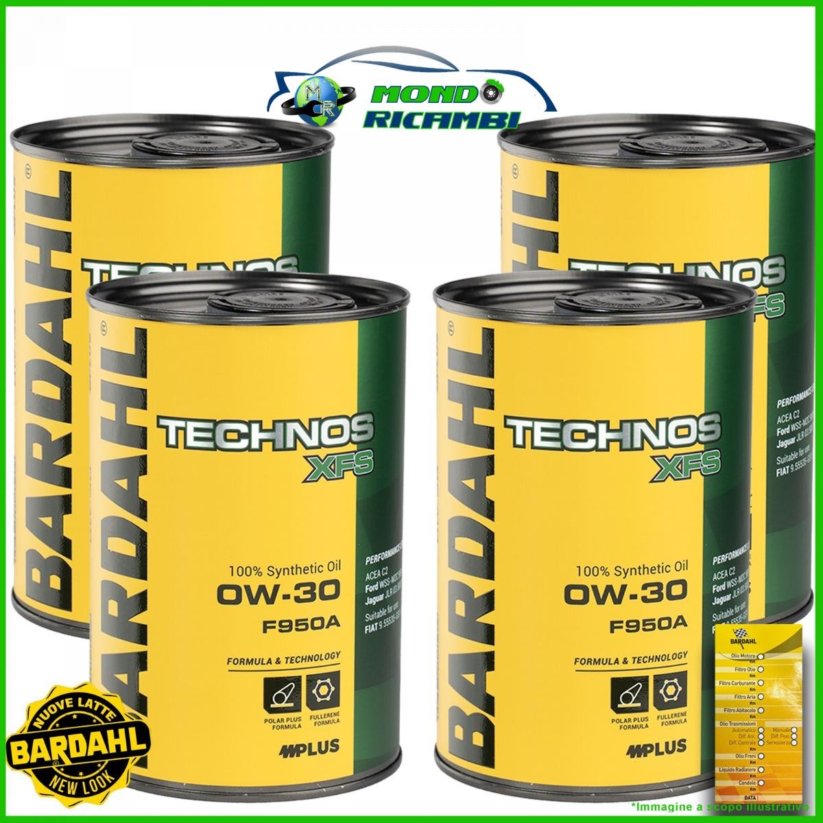 Kit 4 LT OLIO MOTORE BARDAHL TECHNOS XFS F950A 0W30 + Tagliando Adesivo 3lt