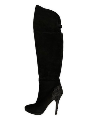betsey johnson Solid Black Genuine Suede Leather Lace Over Knee Heeled Boots 8.5
