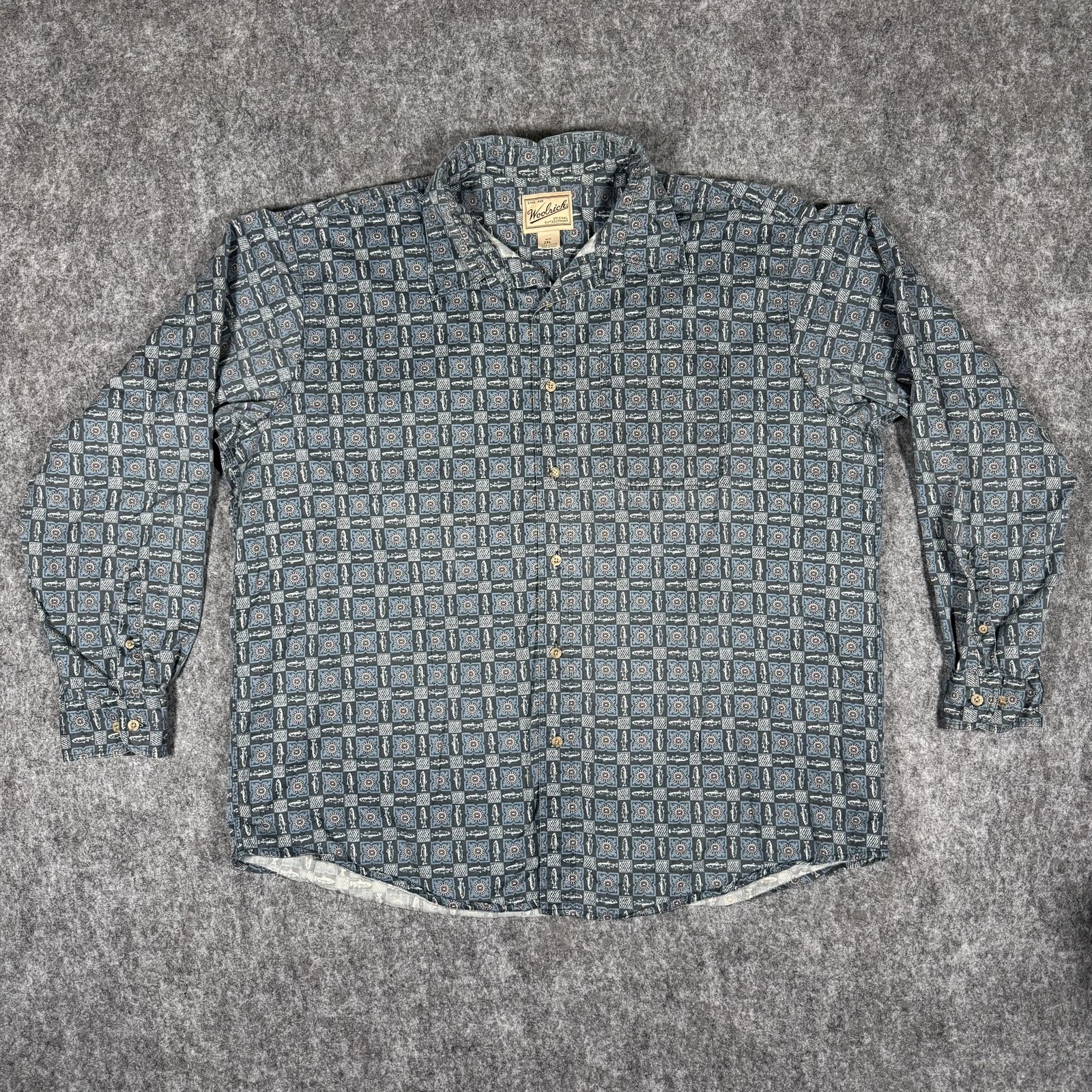 Woolrich Shirt Mens 2XL Blue Fish Print Button Front Long Sleeve Outdoor Fishing