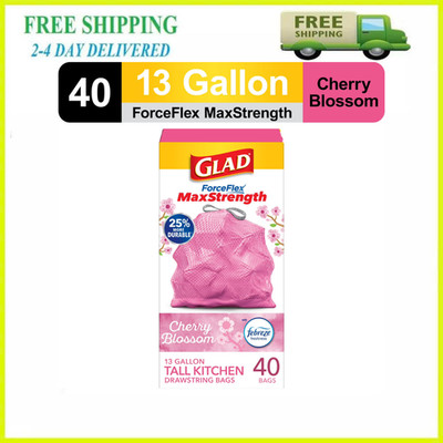 Glad ForceFlex MaxStrength 13 Gallon Trash Bags Cherry Blossom 40 Ct Drawstring