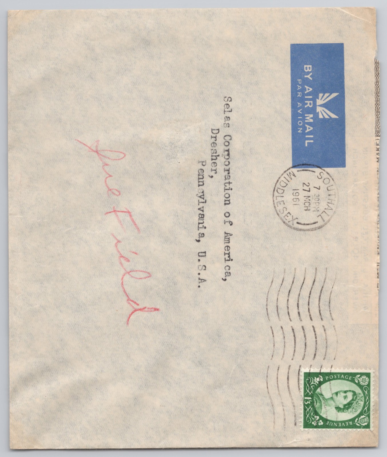 Southall, England, Airmail aerogramme to Dresher PA, QEII stamp, — 1961