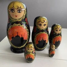 Vintage Large Russian Nesting Dolls Babushka Matryoshka Wood Set Of 5 Signed