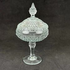 Indiana Glass Diamond Point Clear Pedestal Candy Dish with Lid Vintage