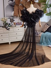 Organza Wedding Long Train Shawls Black Jackets Bolero Women Bridal Cape Cloak