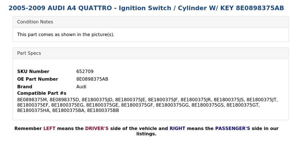 AUDI A4 QUATTRO 2005-2009 - Interruptor de encendido/cilindro con llave 8E0898375AB Foto 4 de 4