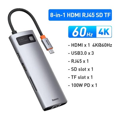 Baseus 8-in-1 USB-C Hub 4K HDMI 100W PD Ethernet RJ45 USB 3.0 SD/TF Adapter