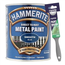 Hammerite Smooth Blue Paint 750ml Direct to Rust Metal Paints  1" Paint Brush