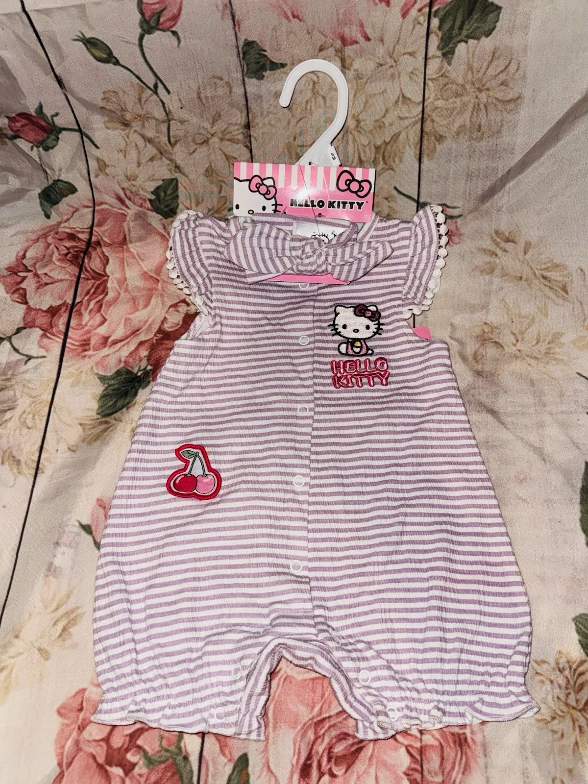 Hello Kitty Baby Girl Clothes 2 Pc Set Stripped Purple Romper Cherry 9 Months
