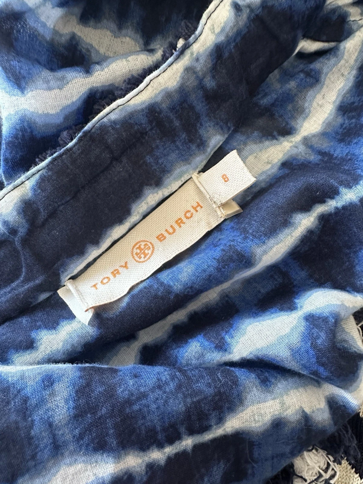 Tunica Tory Burch impreziosita da cravatta tinta a righe in voile di cotone blu e bianco taglia 8