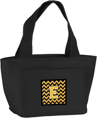 Letter E Chevron Black & Gold Lunch Bag Insulated Lunch Box Tote