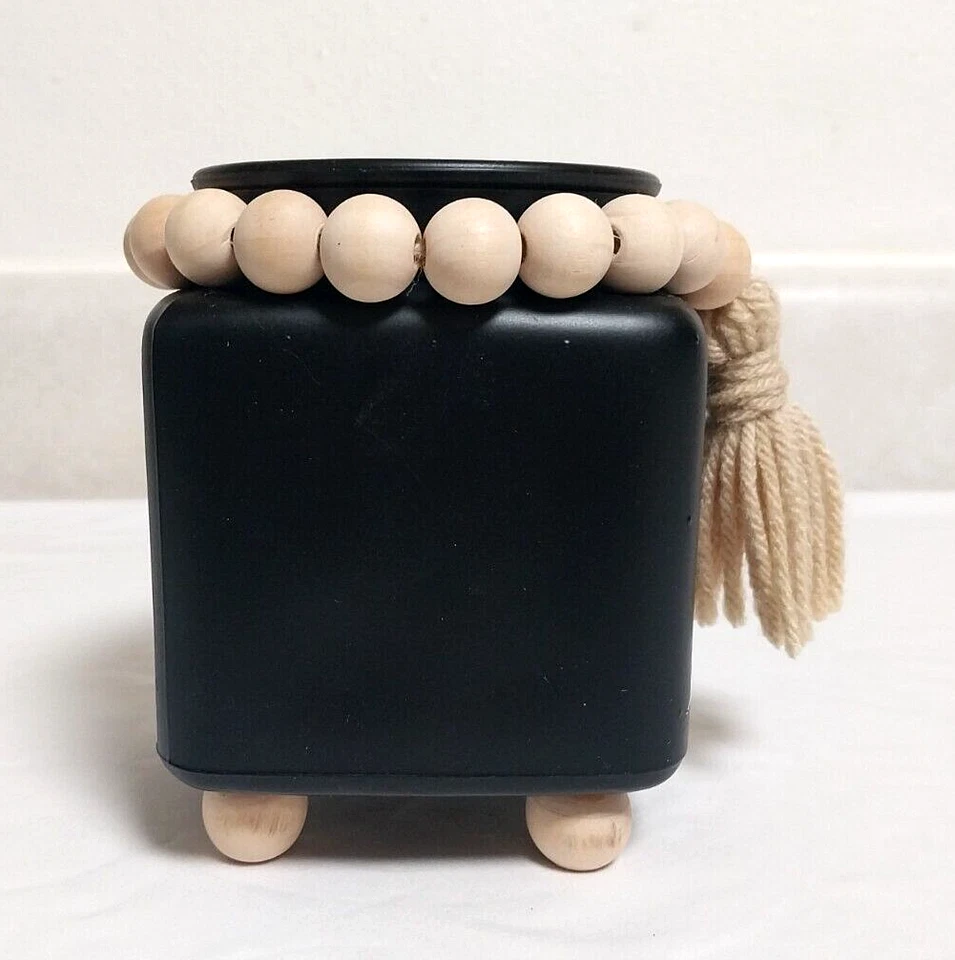 PAINTED GLASS VASE BLACK MATTE FOOTED W/ NATURAL WOOD BEADED TASSEL 5" T x 4" W - Image 2 of 4