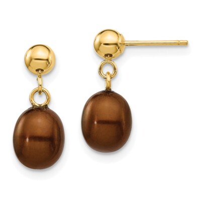 14k Yellow Gold 6-7mm Brown Rice Cultured Pearl Drop & Dangle Earrings 0.18gm