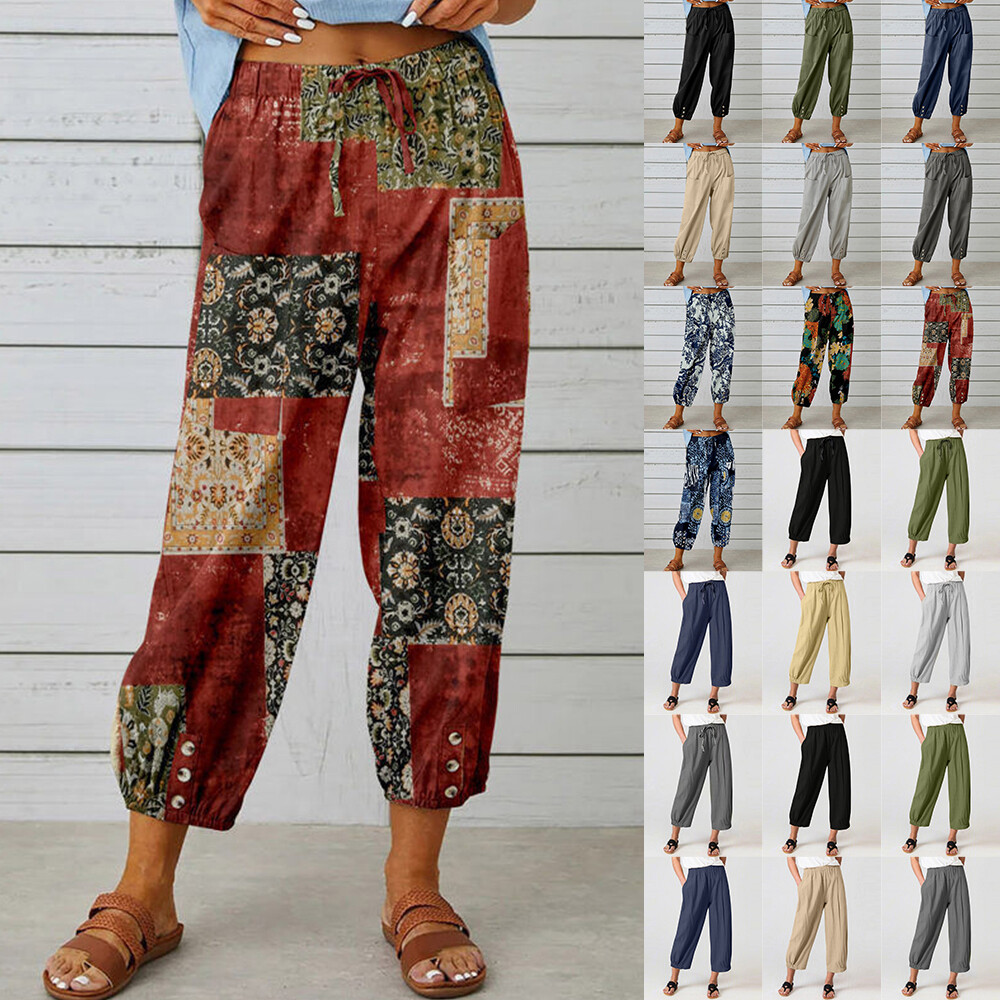 Womens Cotton Linen Harem Pants Elastic Casual Loose Cropped Trousers