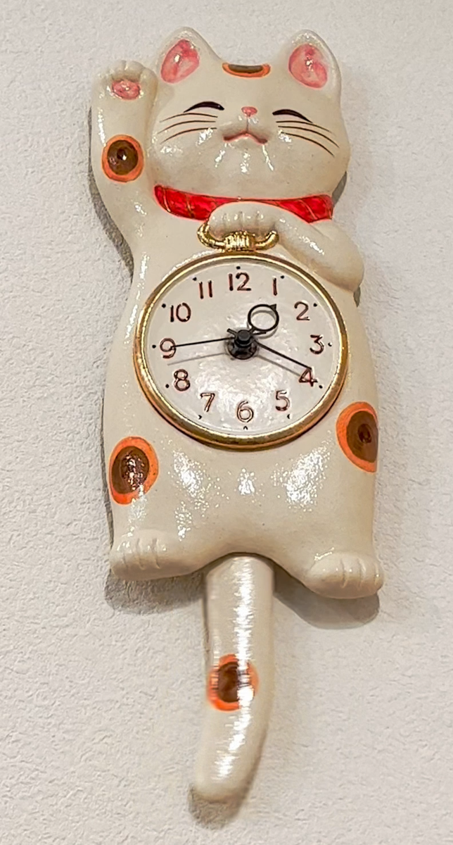 Japanese White Lucky Cat Manekineko Pendulum Wall Clock Pottery