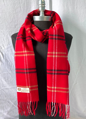 100% CASHMERE SCARF Made in England Warm Wool Plaid Color Red/black/Camel #A
