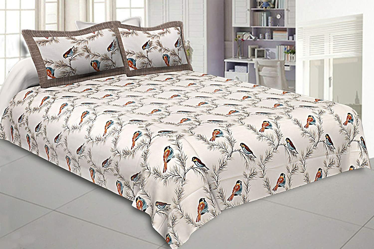 Double Bedsheet With 2 Pillow Covers Set Birds Print For Double Bed Of 240 TC Tania okazja, darmowa wysyłka