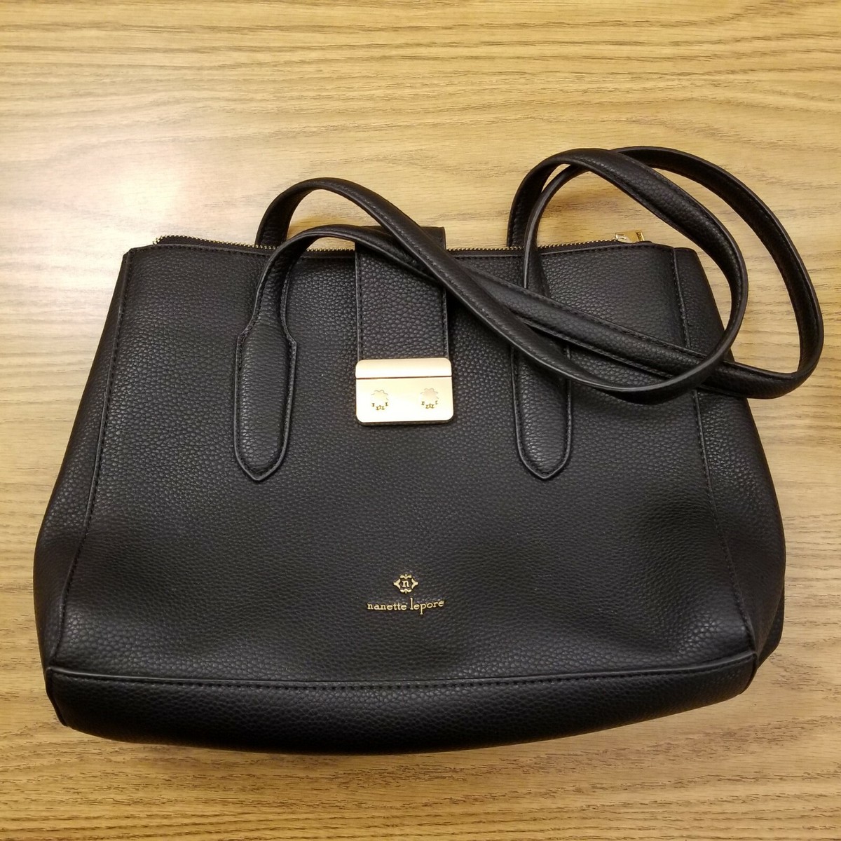 Black Pebbled Imitation Leather Nanette Lepore Handbag Purse Gold