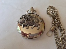 A71 Wild Boar 4 polished silver case mens GIFT quartz pocket watch fob