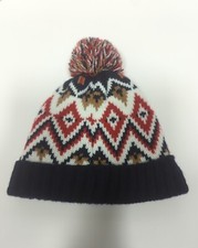 Old Navy Child M Winter Knit Beanie Navy Lined Red White Pom Pom