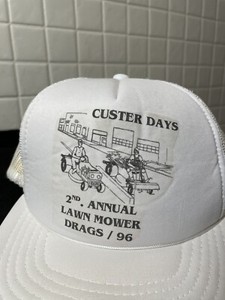 Vintage Custer Days 2nd Lawn Mower Drag Race Trucker Hat White Mesh Baseball Cap