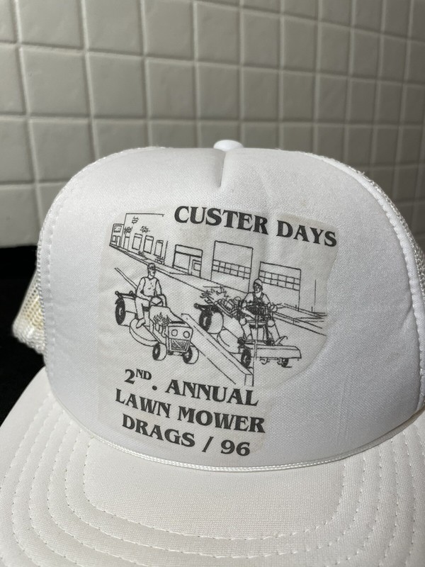 Vintage Custer Days 2nd Lawn Mower Drag Race Trucker Hat White Mesh Baseball Cap