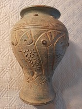 Vintage Art Pottery Vase 11" Carved Fish Design w Orig Flower Frog Signed &Numbr