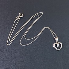 Vintage 925 Sterling Silver Heart Pendant Necklace 18" Curb Chain CZ Stone Gift