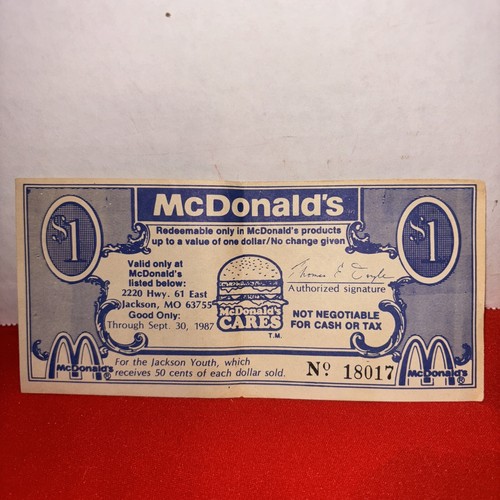 (1) 1987 McDonalds DollarPromotion For Jackson Mo Youth Estate Find