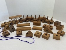 Vintage Handmade Wooden Train Set Pull Cord Varnished Locomotive Puzzle