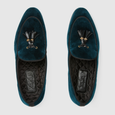 GUCCI グッチ ミュール サテン フェザー装飾 ターコイズヒール Gucci Z3405 Mens Teal Velvet 'Tassels' Loafer Shoes Size 8.5 Gucci