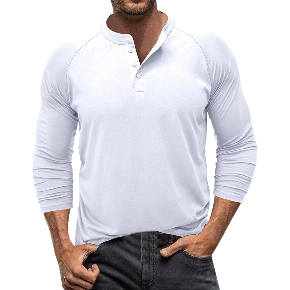 Henley shirt over button down top
