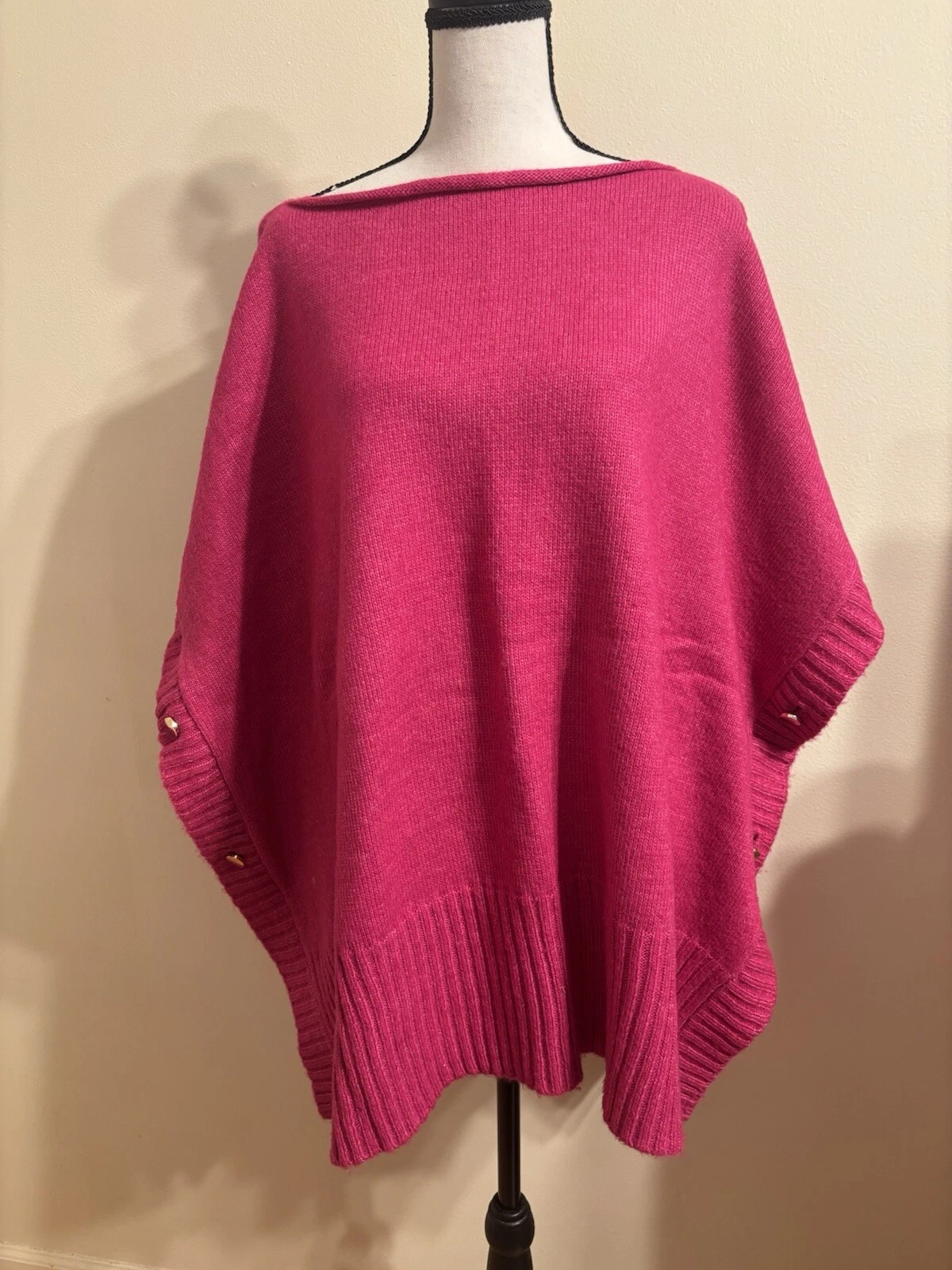 LOFT Poncho Sweater Women's Size M/L Barbie Pink Buttons Boat Neck Wool Blend