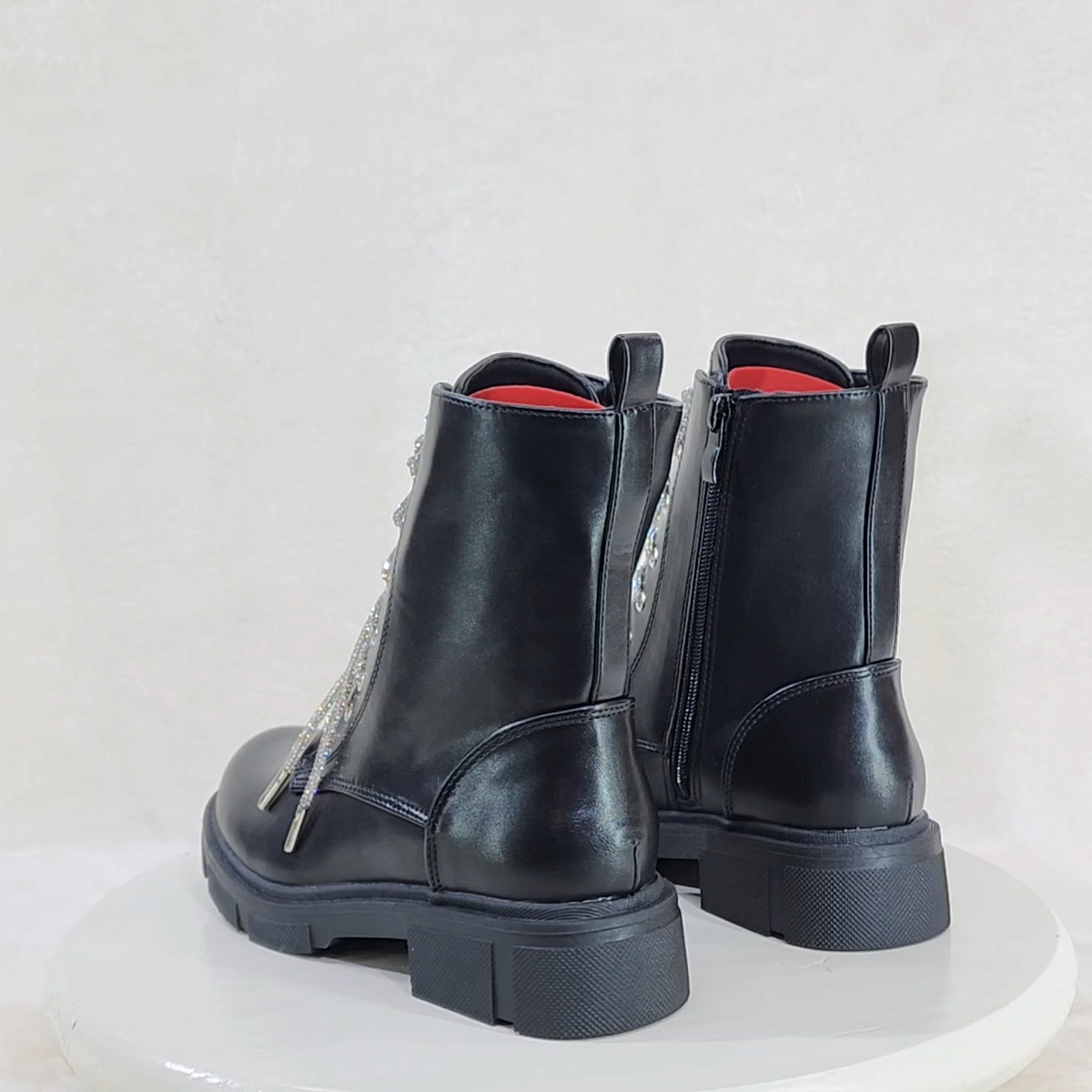 Rylee Black Combat Ankle Boots Iridescent Rhinestone Tongue & Rope