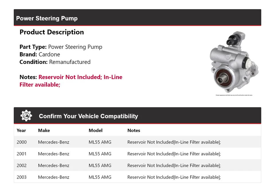 Bomba de dirección asistida Cardone 2001 2002 para Mercedes-Benz ML55 AMG 2000-2003 Foto 2 de 4